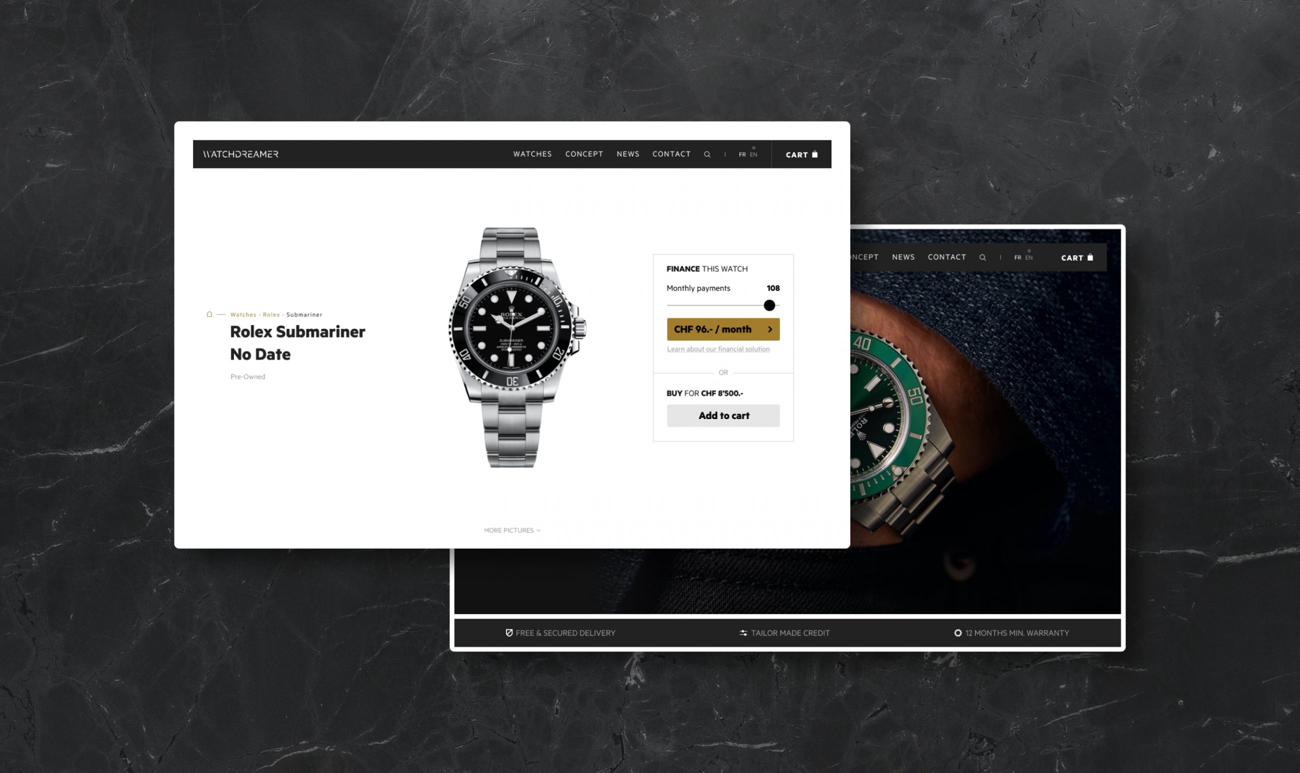 Maquettes du site de vente de montres de luxe Watchdreamer.